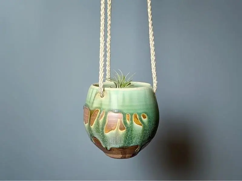 Copper Green Handmade Hanging Planter Pot with Drainage Hole, 4.5 Inches Wide x 4 Inches High, Porcelain, Indoor/Outdoor Use, Rope Length 24"