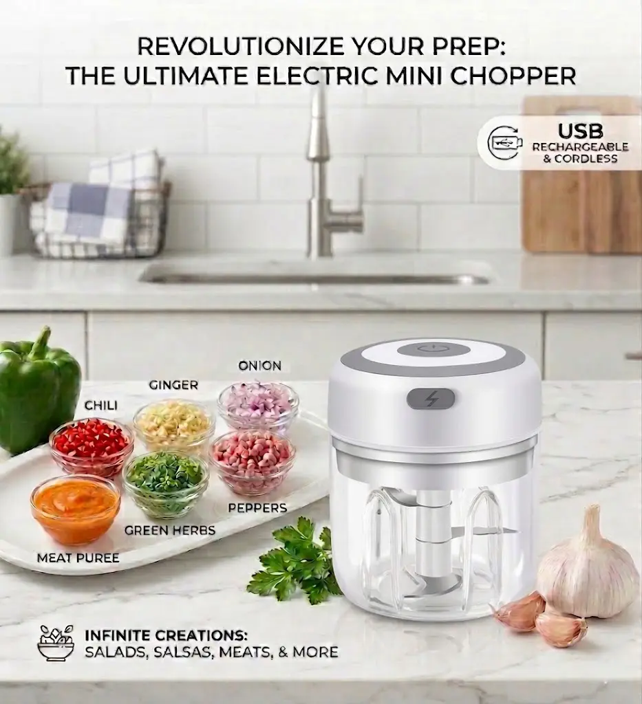 GMOX Mini Electric Food Chopper, USB Rechargeable, 1-Touch Operation Garlic Chopper, Compact Kitchen Prep Tool for Garlic, Onion, Ginger, Easy to Clean