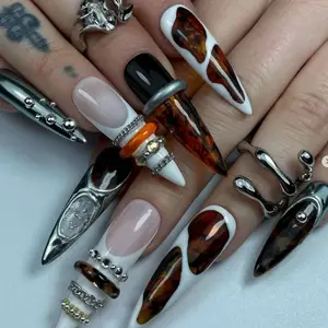 Vintage Chrome Tortoiseshell Press On Nails, Sculpted French Tips, Metallic Mirror Accents, Stacked Ring Details, Mixed Texture Luxury Design, Handmade Custom Nails, Editorial Statement Style