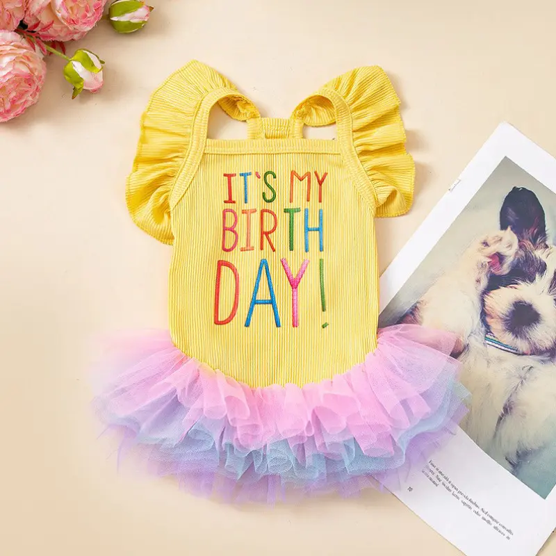 Dog Birthday Tutu Dress for Small Dogs, Yellow Puppy Party Dress with Ruffled Sleeves, Cute “It‘s My Birthday” Outfit for Chihuahua Yorkie