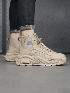 Men's High-Top Boots, Vintage British Style Waterproof Work Boots, Thick Sole Outdoor Hiking and Combat Shoes for Autumn