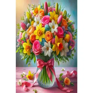 1PC 5D diamond painting 2D flat printing Diamond Painting Kit Colorful Flower Bouquet 5D DIY Rhinestone Embroidery Arts Craft for Home Wall Decor Gift for Adults Kids Beginners with Round Drill 30x40