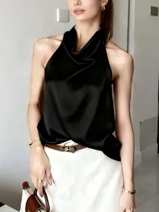 Women's Sleeveless Halter Backless Vest Top, Woven Fabric, Draped Design, Suitable for Various Occasions, Stylish and Comfortable