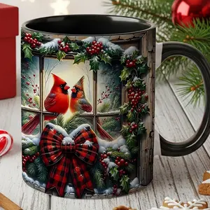1pc, Christmas Cardinal Bird Pattern Coffee Mug, Rustic Window With Plaid Bow Style Coffee Cup, Festive Holiday Drinkware For Home Office, Ideal Gift For Christmas Thanksgiving Winter Season