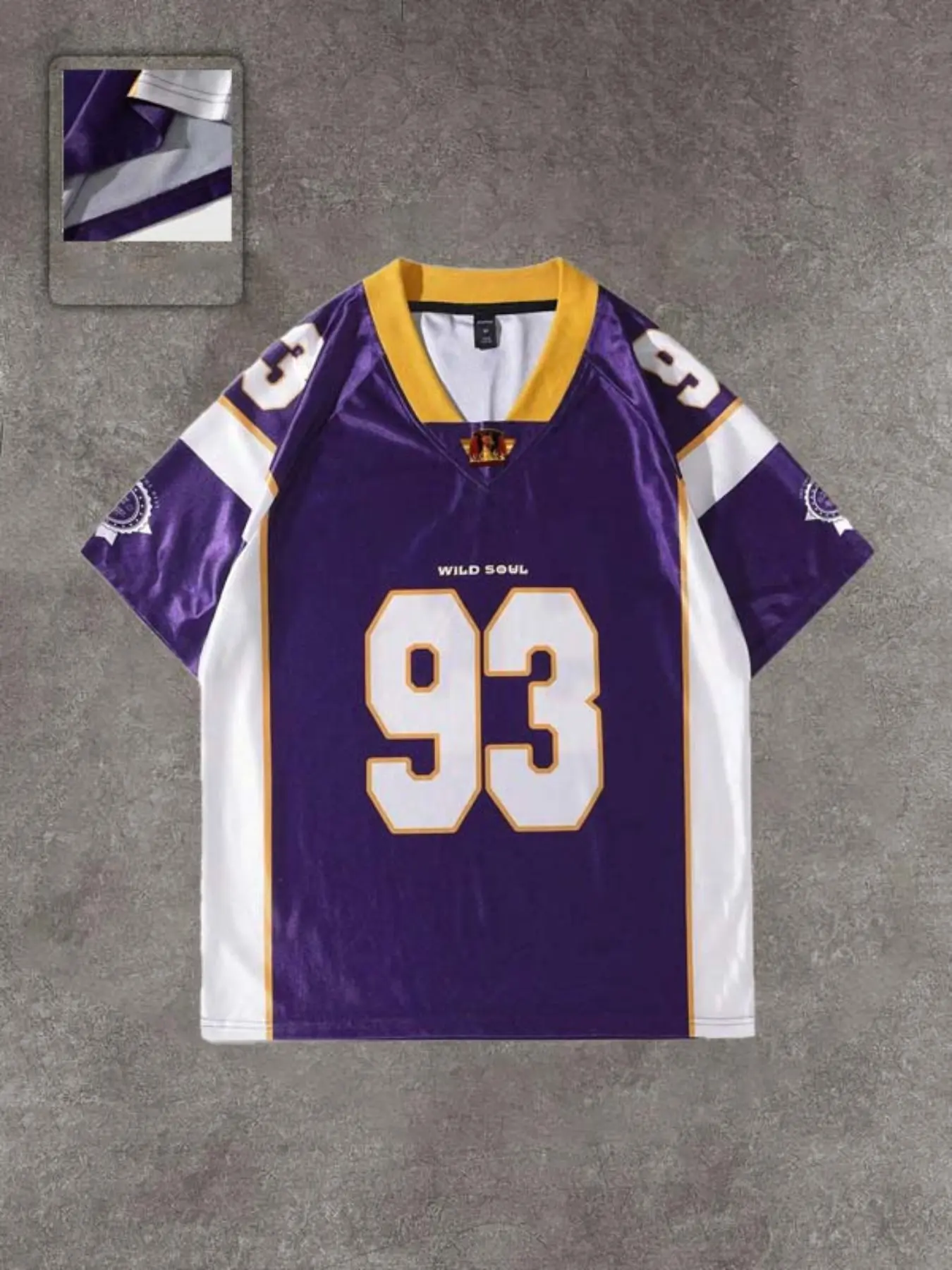 Men's Vintage 93 Football Jersey - Purple Gold V-Neck Short Sleeve Streetwear Shirt, Retro Hip Hop NFL-Inspired Athletic Tee, Oversized Breathable Sport Top for Casual Daily Wear, Sports Top, Sportswear Top, Sports Clothing