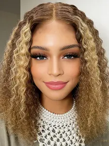 Blonde Highlights Jerry Curly Bob Wig Human Hair 4x4 Lace Front Golden Brown Wig for Women, 12-16 Inch Blonde Highlight and Brown Kinky Curly Glossy P4/27 Curly Wig Human Hair Wigs