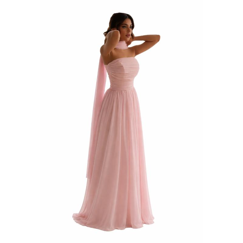 Long Tulle Dress in Pastel Pink with Chest Pleats and Lace-up Back