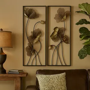 Set of 2 Floral Black Metal Home Wall Decor with Green and Orange Accents