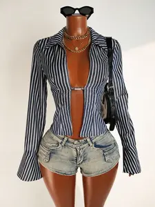 Women's Striped Lapel Long Sleeve Split Sexy Shirt, Elegant Design for Daily Wear, Perfect for Special Occasions & Parties