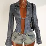 Women's Striped Lapel Long Sleeve Blouse Top Shirts, Split Hem Design, Elegant for Daily Wear, Parties & Special Occasions