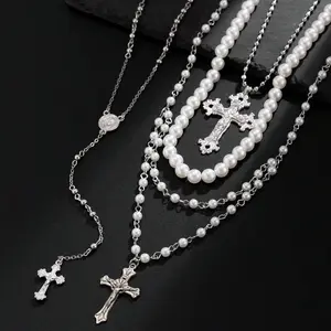 Silver Layered Cross Necklace Set for Women 4Count Chunky Cross Pearl Choker with Y Necklace Adjustable Vintage Statement Jewelry Gift