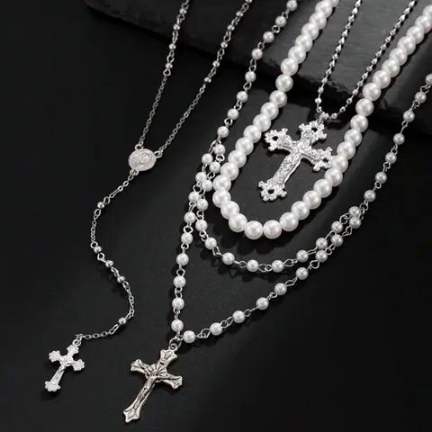 Women's 4-Piece Layered Cross Design Necklace Stack - Chunky Alloy Pendant, Pearl Choker, Adjustable Y Necklace, Silver Metal Coated Statement Religious Costume Jewelry Gift