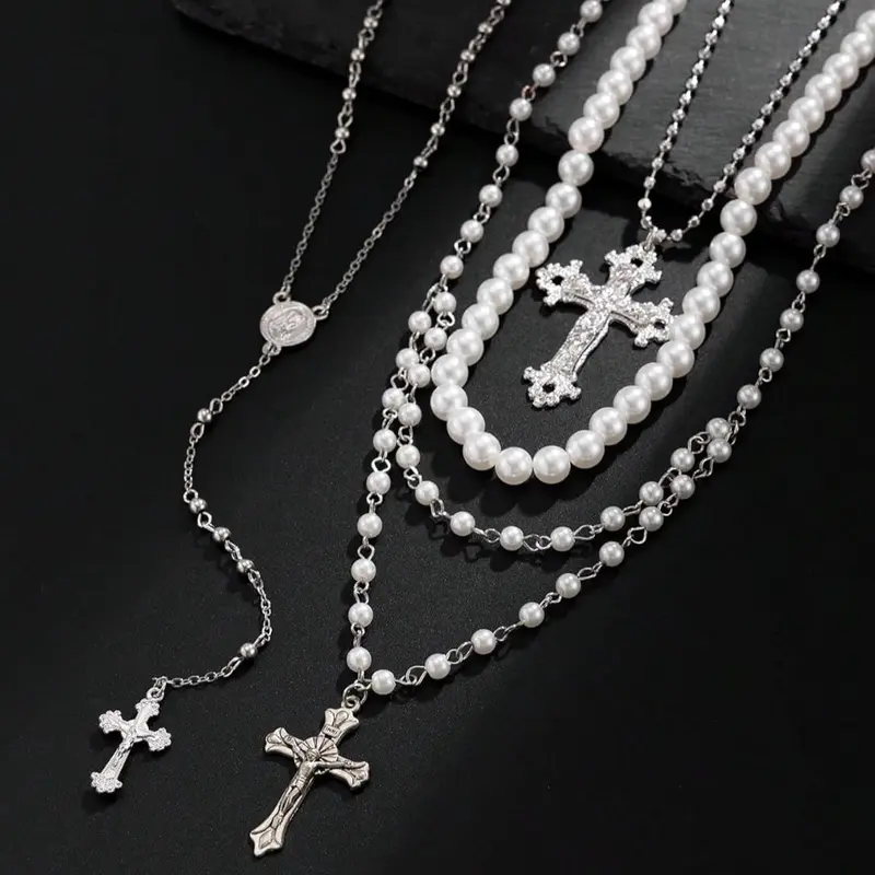 Women's 4-Piece Layered Cross Design Necklace Stack - Chunky Alloy Pendant, Pearl Choker, Adjustable Y Necklace, Silver Metal Coated Statement Religious Costume Jewelry Gift