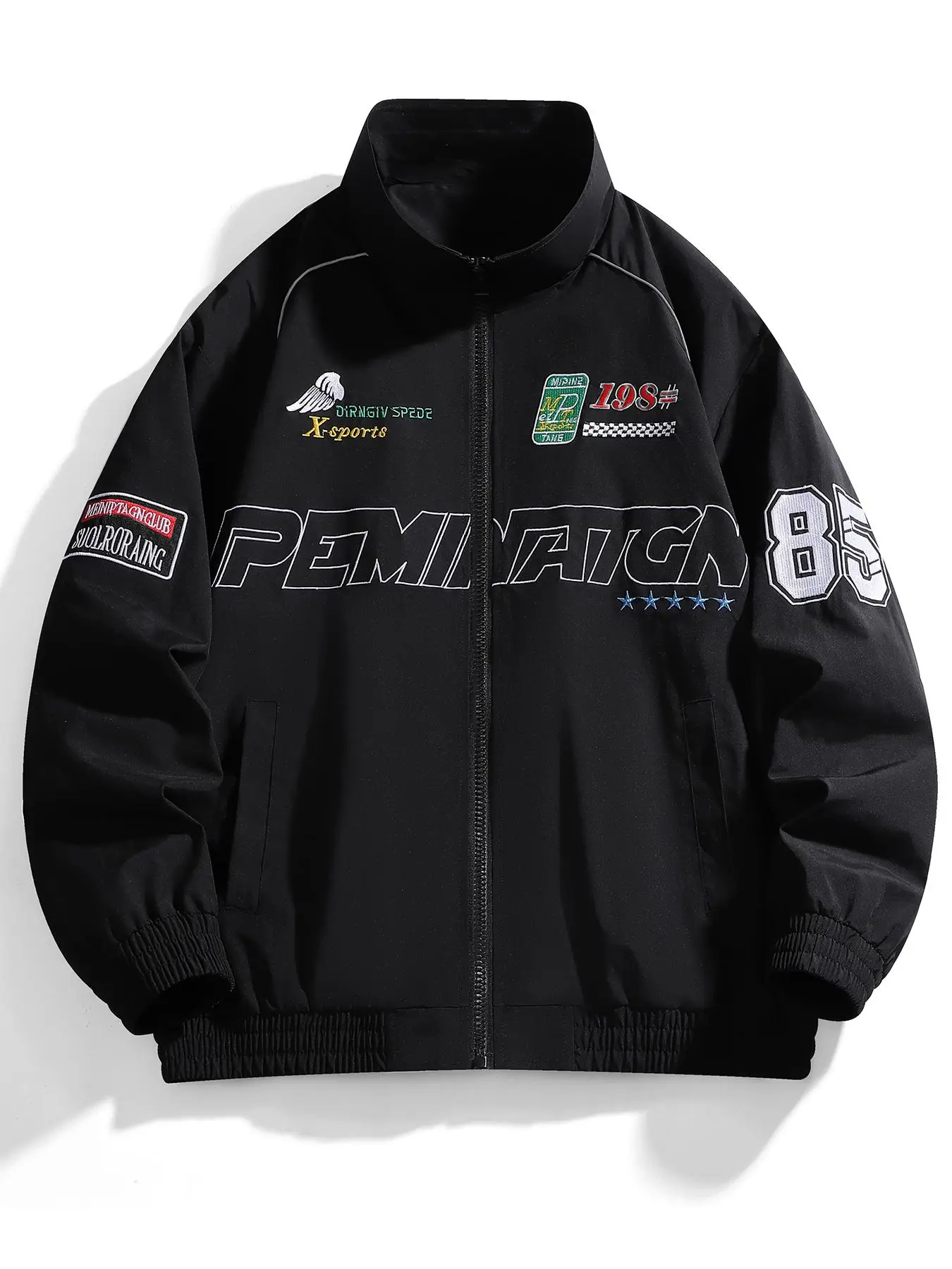 Men's Letter & Figure Embroidered Zip Up Jacket, Regular Fit Casual Pocket Funnel Neck Outerwear for Spring & Fall, Fashion Men's Clothes for Daily We