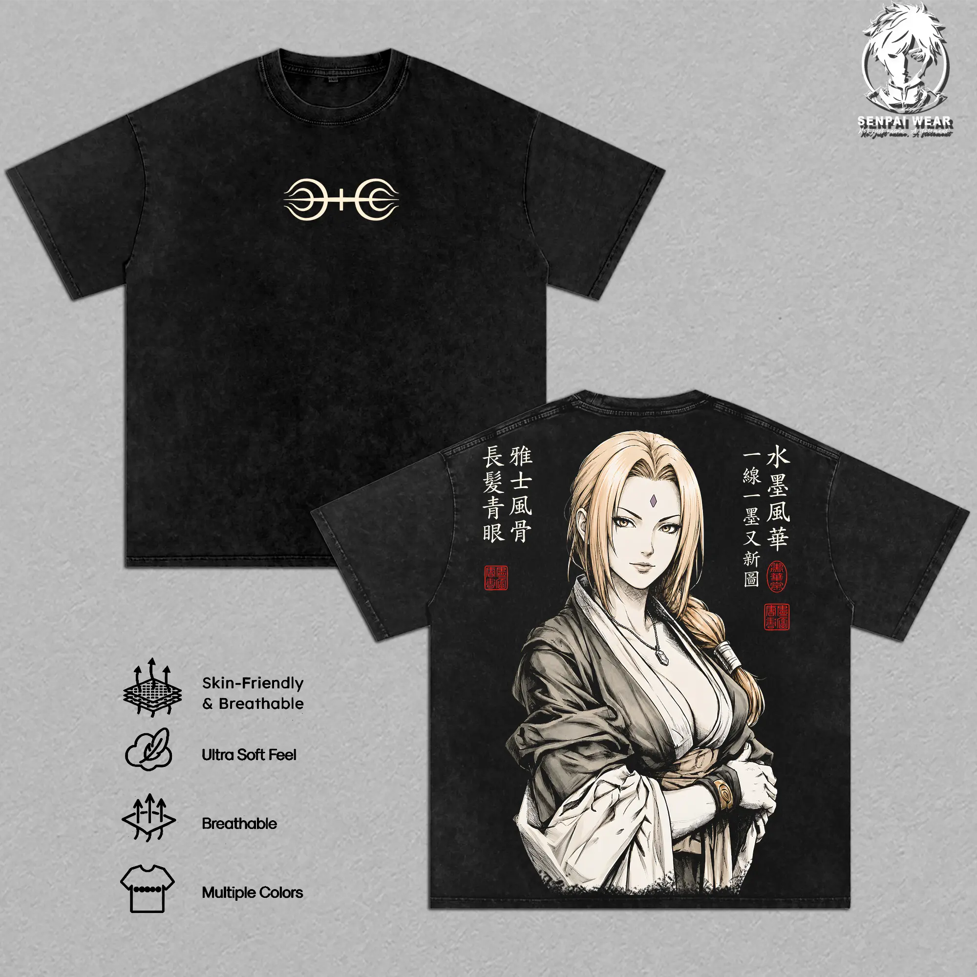 Tsunade Senju Byakugou Seal – Naruto Graphic Tee Vintage Washed Shirt Unisex Streetwear Anime Merch Fifth Hokage Tee Slug Princess Katsuyu T-Shirt Gift for Anime Lovers NRT Fans