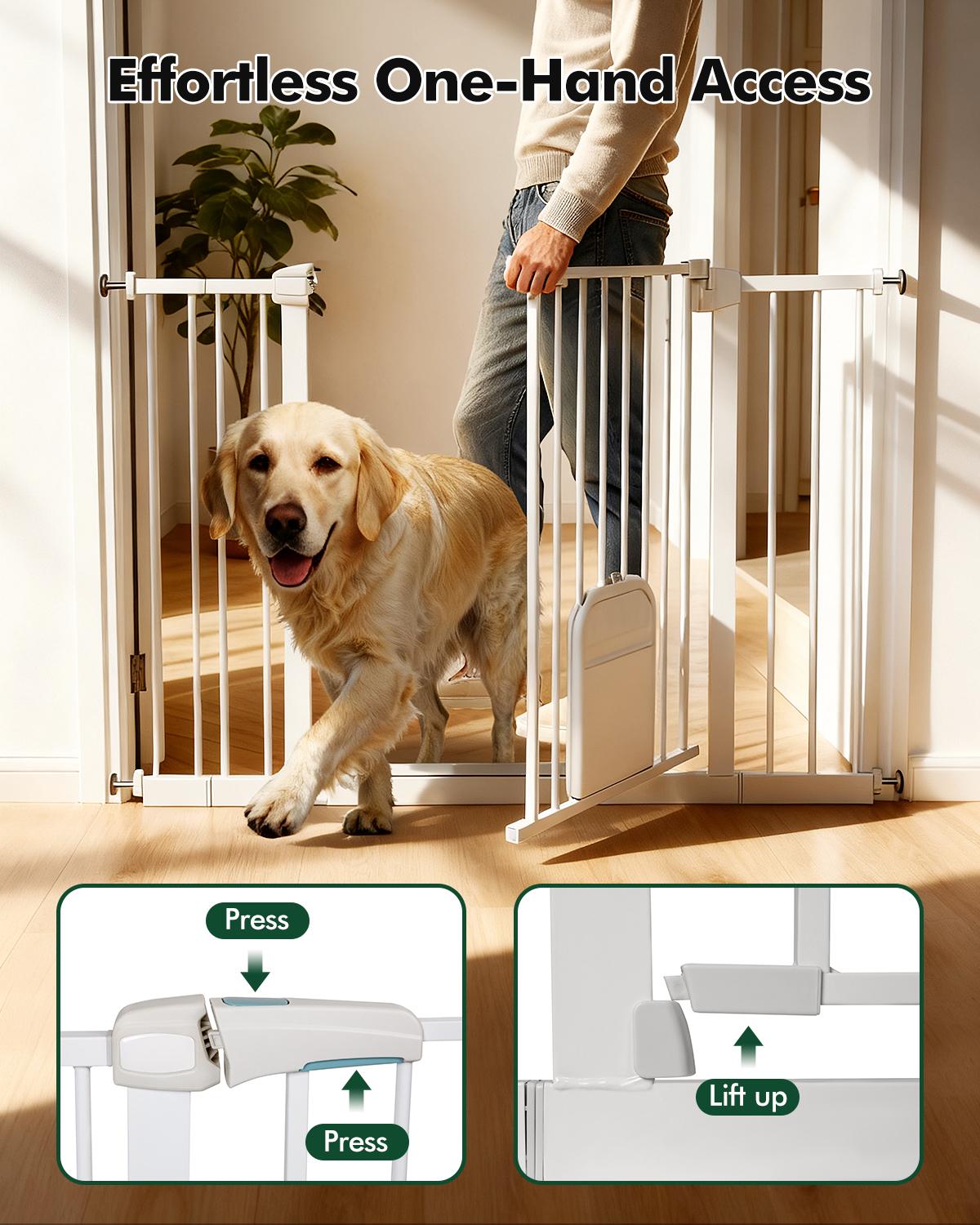 Adjustable Pet Gate with Cat Door, Auto-Close Pressure-Mounted Safety Gate for Doorways & Stairs – Ideal for Multi-Pet Homes (29–45 Inches, White/black)