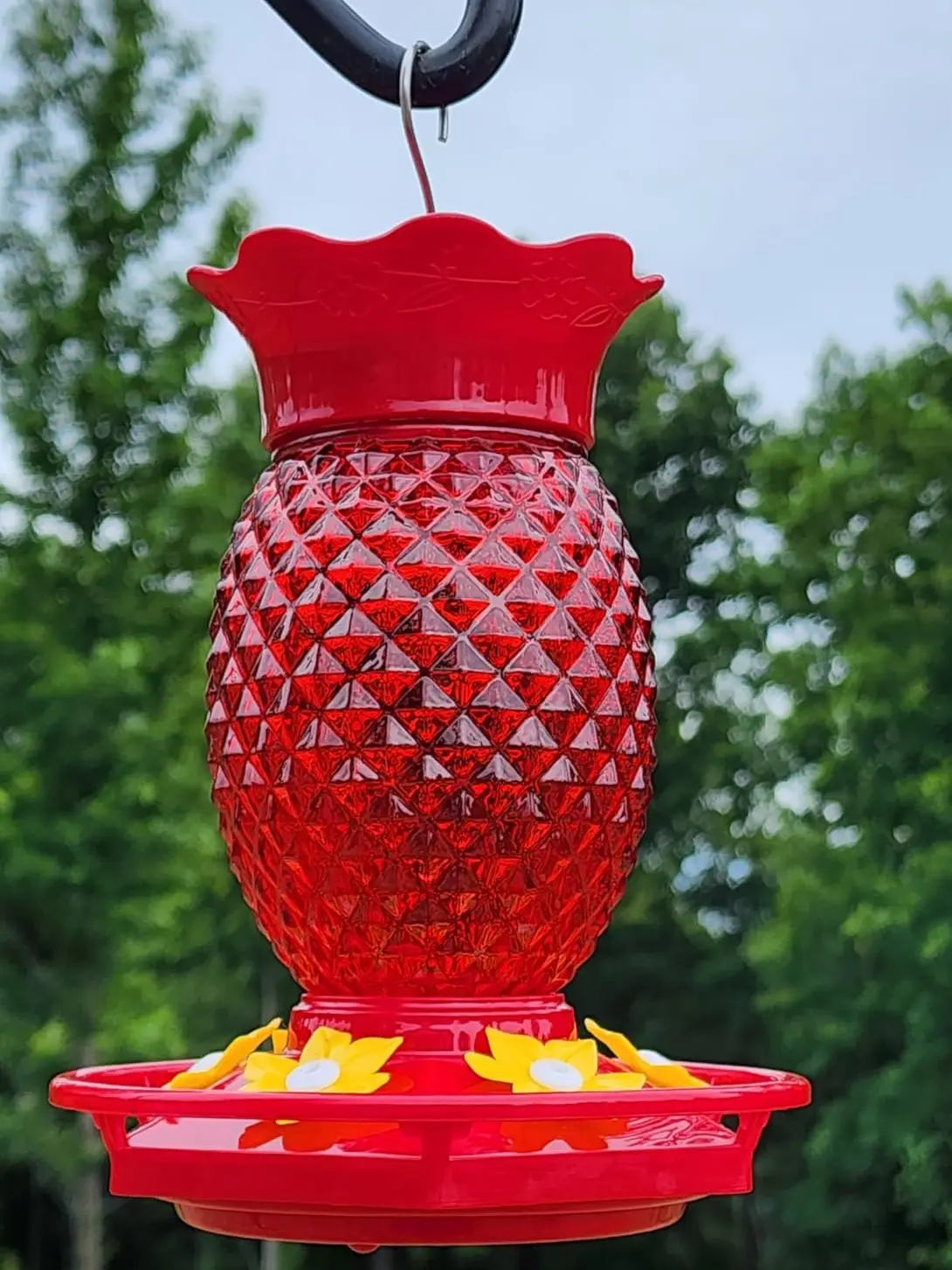 Glass Hummingbird Feeders for Outdoors Hanging Ant and Bee Proof 16OZ 1 Pack Red Pineapple Humming Bird Feeder with 6 Feeding Ports and Ant Moat Hummingbird Gifts for Women Garden Decor