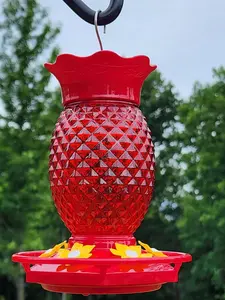 Glass Hummingbird Feeders for Outdoors Hanging Ant and Bee Proof 16OZ 1 Pack Red Pineapple Humming Bird Feeder with 6 Feeding Ports and Ant Moat Hummingbird Gifts for Women Garden Decor