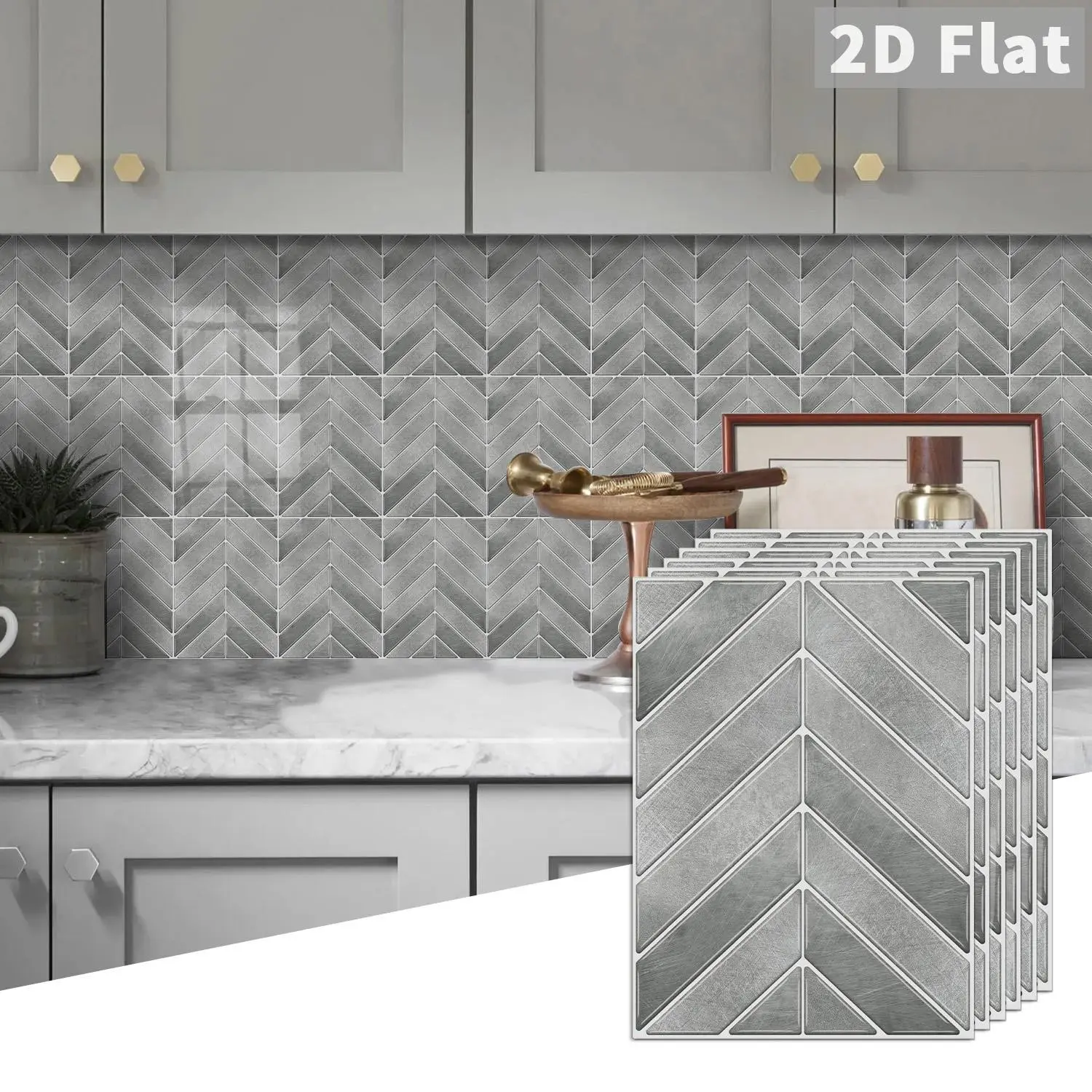 10PCS GST Dark Gray Brushed Herringbone PE Crystal Foam Tile Stickers Color Box Waterproof Oil-Proof Anti-Collision Peel and Stick Backsplash for Kitchen Bathroom