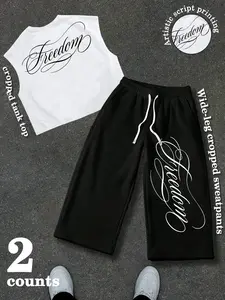 2 Piece Men's Outfit Set, White Cropped Sleeveless Tank Top & Black Wide Leg Cropped Sweatpants with Artistic Freedom Script Print, Casual Streetwear for Daily Wear, Lounge & Gym