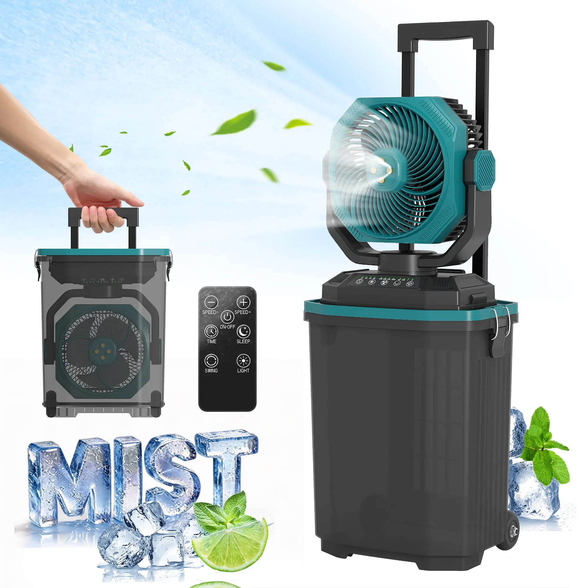 Garvee 15L Portable Misting Bucket Fan, 30,000mAh Rechargeable Battery - Oscillating Water Spray Cooler - Remote Control - Retractable Handle & Wheels for Camping, Patio, Beach