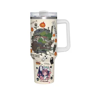 40oz Stainless Steel Insulated Jumbo Tumbler Mug - Studio Ghibli Refillable Drinkware with White Handle, Straw, Leak-Proof Lid, Totoro/Howl's Moving Castle/Spirited Away Designs, Portable Smoothie Flask, Perfect Fan Gift, Insulation