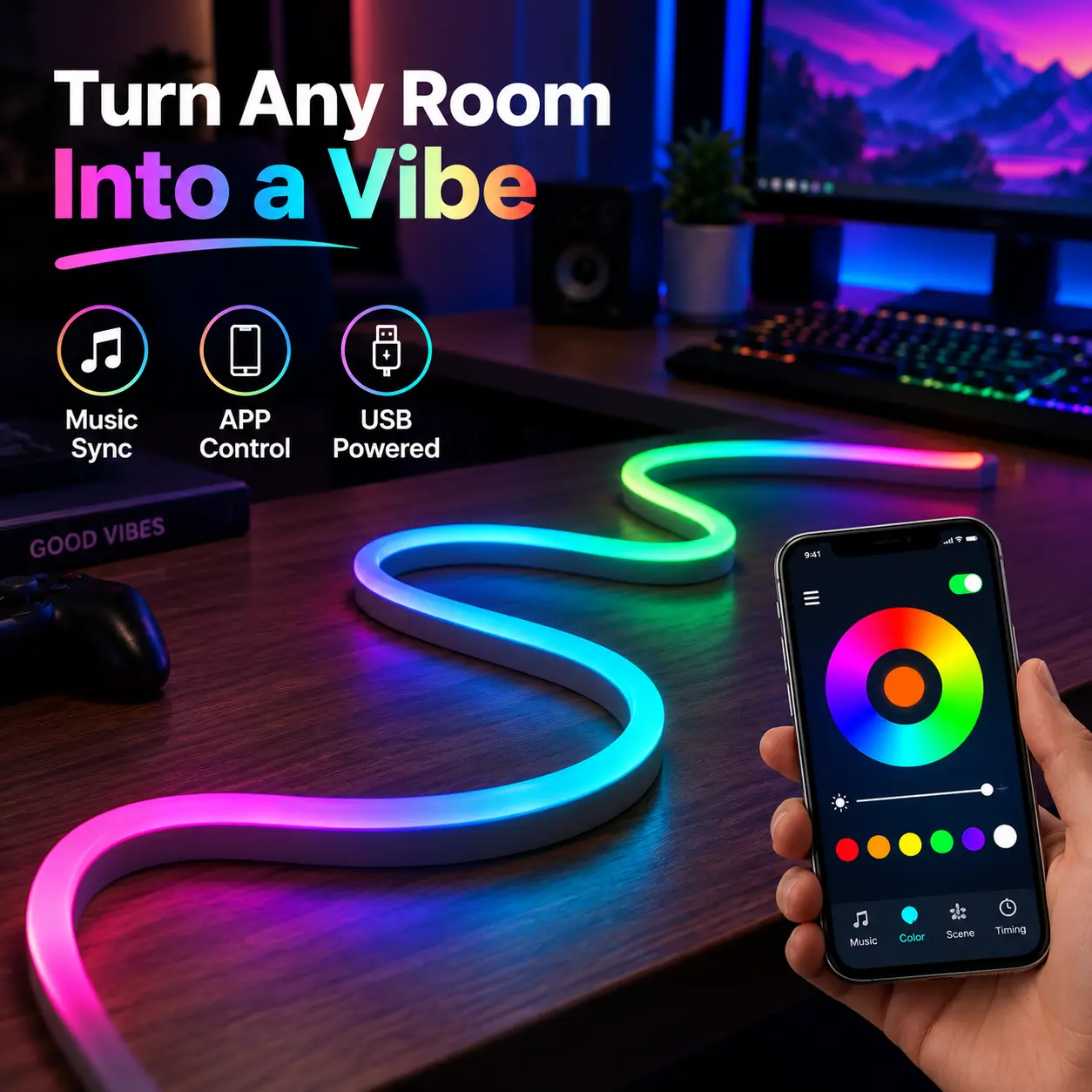 RGBIC Smart Neon LED Light Strip - Bluetooth App/Remote Controlled, Dynamic & Adjustable RGB Lighting, Music Sync, USB Powered, Non-Cuttable Indoor Lights for Bedroom, Gaming Room Home Decor