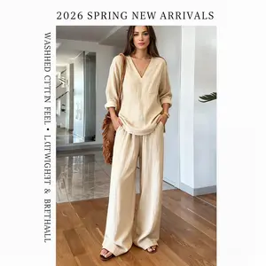 2026 New Women's Washed Cotton 2-Piece Clothing Set, Casual V-Neck Long-Sleeve Pullover with Trousers, Multi-Color Womenswear Set