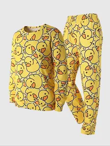 Men's Duck Print Casual Round Neck Long Sleeve Top and Loose Comfortable Pants Sleepwear Set, Soft Skin-Friendly Home Wear