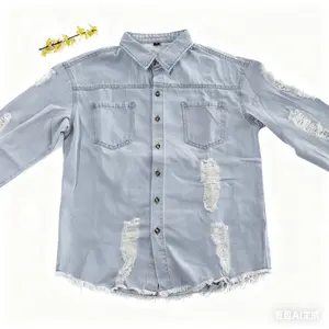 BINDEFON Christmas Men's Ripped Denim Shirt Jacket Raw Trim Dual Pocket Distressed Button Down Jean Coat for Fall Winter Casual Streetwear Menswear