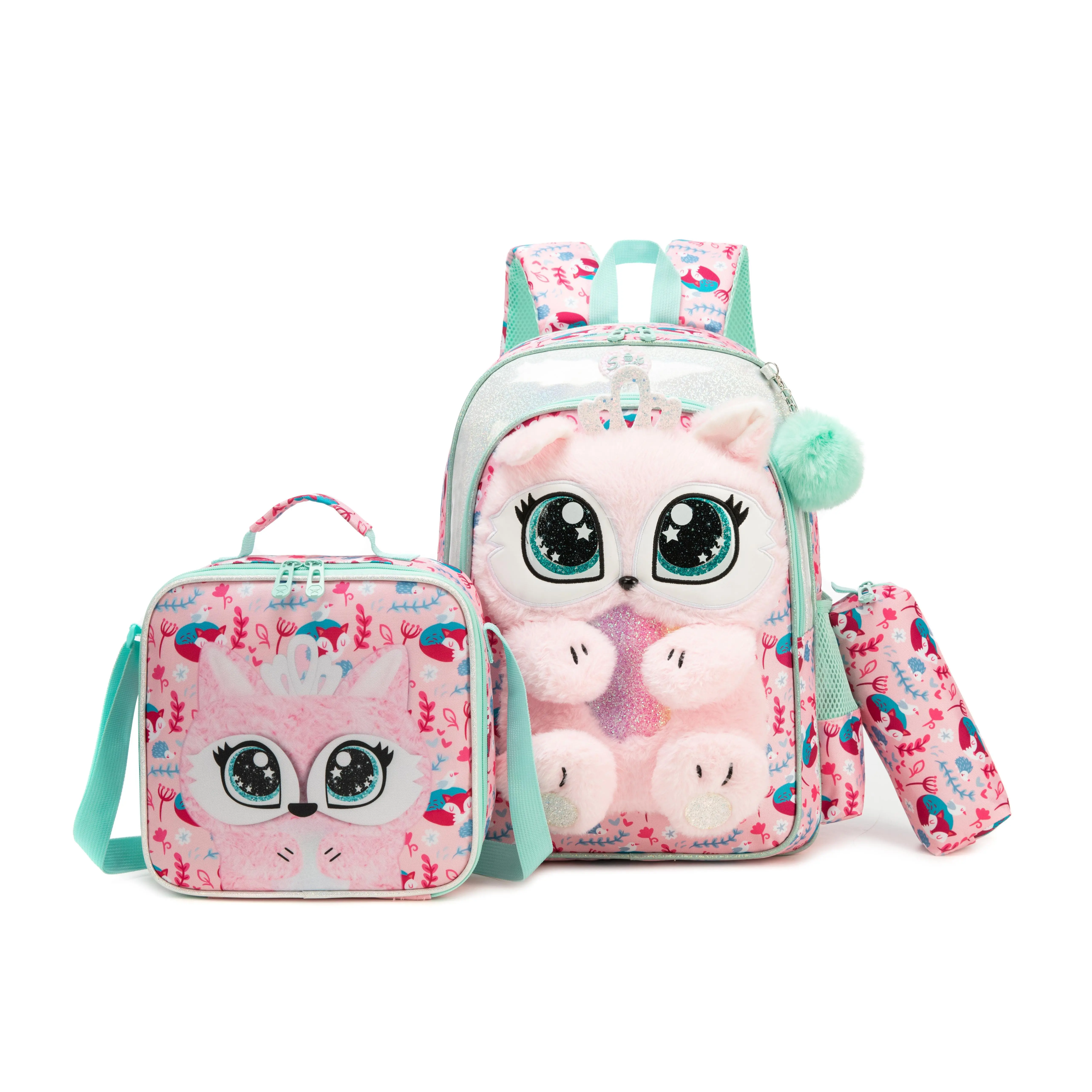 Girls' Kawaii 3-Piece Plush Animal Backpack Set - Insulated Lunch Box, Glitter Princess Floral Pencil Pouch, Cute 3D Cartoon Design for Back to School Haul, Kawaii Backpack, Animals, Plush Doll, Candy, Hand Wash Only, Fluffy Backpack, Cute Backpacks