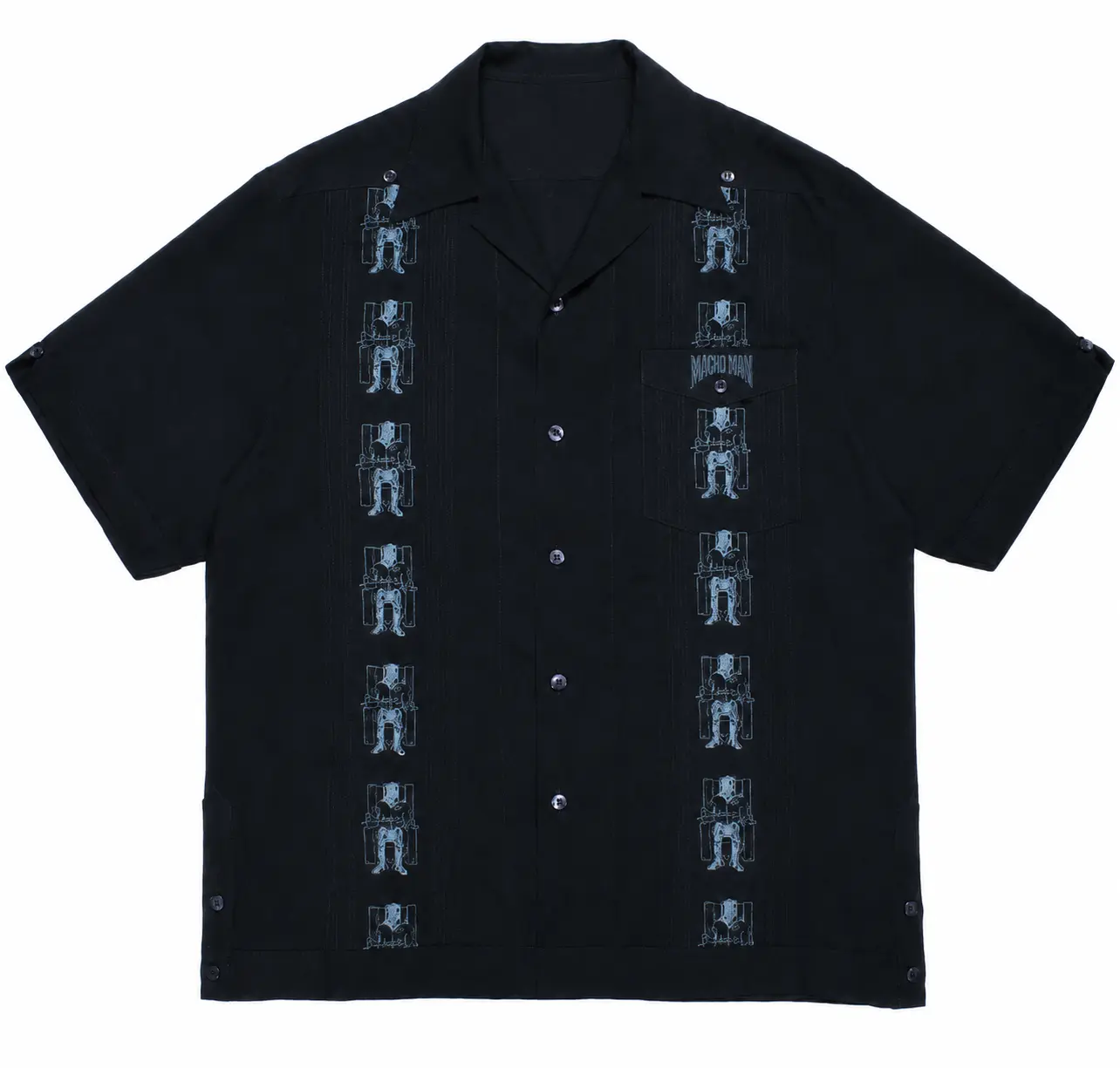Maario Black Cuban Collar Hawaiian Shirt, Mexican Gothic Graphic Button Up, Retro Vacation Camp Shirt, Casual Streetwear Resort Top