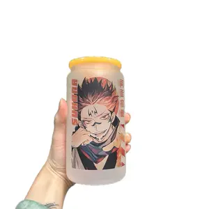 Sukuna JJK Glass Cup - 16 oz Bamboo Lid & Plastic Straw Aesthetic Cups for Coffee Tea Beer Durable Design Portable Drinkware