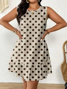 Plus Size Fashion Belted Satin Polka Dot Dress, Stylish and Comfortable, Perfect for Casual Wear, Elegant and Trendy Design