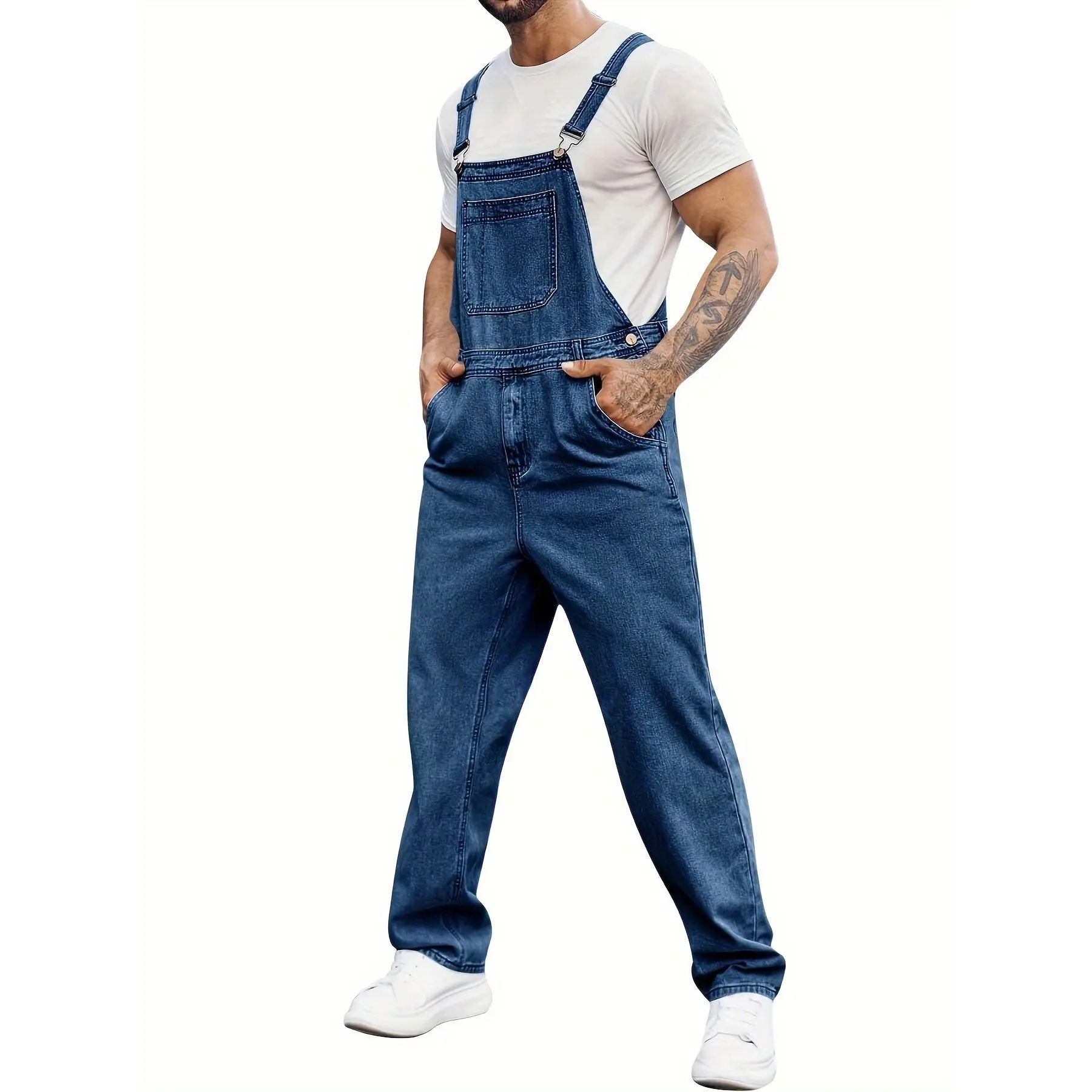 Men's Slim Fit Denim Bib Overalls - Adjustable Straps, Stretch Polyester Fabric, Casual Boot Cut Trousers Jumpsuit with Pocket, Menswear Essential