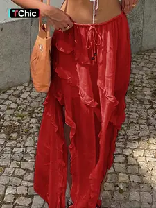 Women's Solid Color Ruffle Trim Long Skirt, Casual Fashionable Skirt for Daily Holiday Vacation Wear, Ladies Bottoms for Summer