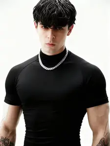 Men's Fitness Short Sleeve Muscle Sports Tight Fit Elastic T-Shirt, Pure Color High Neck Quick Dry Top, Casual Style, Activewear, Gym Tops, Fitness Shirts, Casual Workout Tops