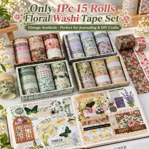 15 rolls of oil painting pastoral washi tape, Flower Series, Perfect for Scrapbooks, Diaries, DIY Crafts, Art, Spring/mother's Day/birthday/easter Decorations, cards, photos, mugs, and other decorative sticker sets, Stickers Kit