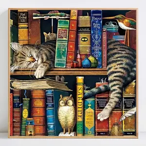 Cat & Book Pattern DIY Diamond Arts Colorful Painting Handicraft Kit without Frame, DIY 5D Diamond Arts Colorful Painting for Bedroom Home Wall Decor, Diamond Painting Kits