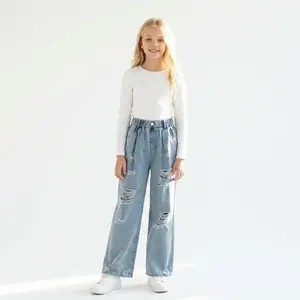 Scbebe Girls' Wide Leg Ripped Jeans, High Elastic Waisted Denim Pants, Soft Breathable Non-Stretch Structured Durable Trousers, Y2K Streetwear for 3-16Y Summer Wear