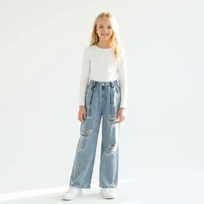 Scbebe Girls' Wide Leg Ripped Jeans, High Elastic Waisted Denim Pants, Soft Breathable Non-Stretch Structured Durable Trousers, Y2K Streetwear for 3-16Y Summer Wear
