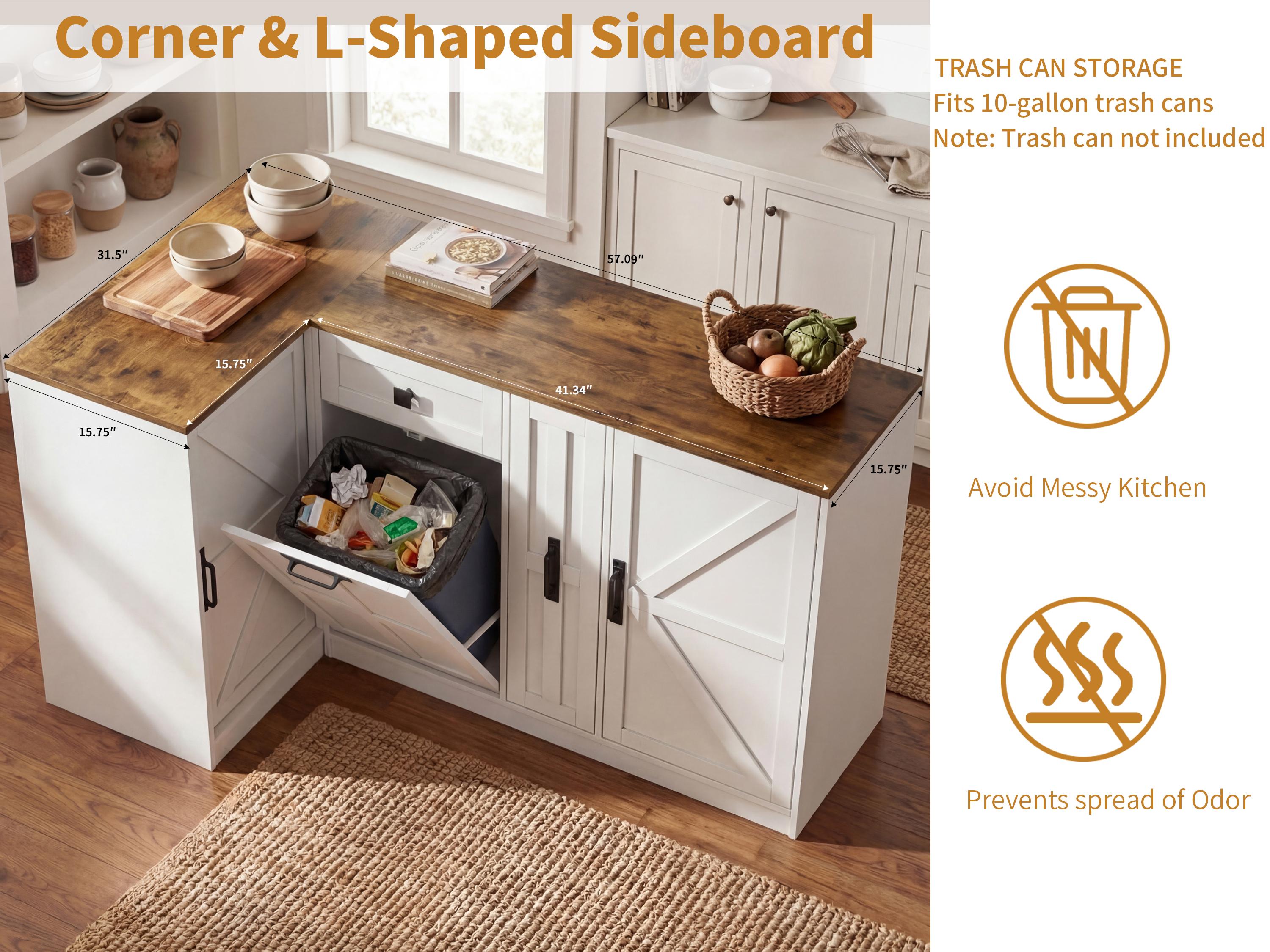 White Farmhouse L-Shaped Corner Kitchen Pantry Cabinet with Countertop, Hidden Trash Storage, 3-Tier Spice Rack, Doors & Adjustable Shelf, Sideboard Storage Cabinet for Dining Room