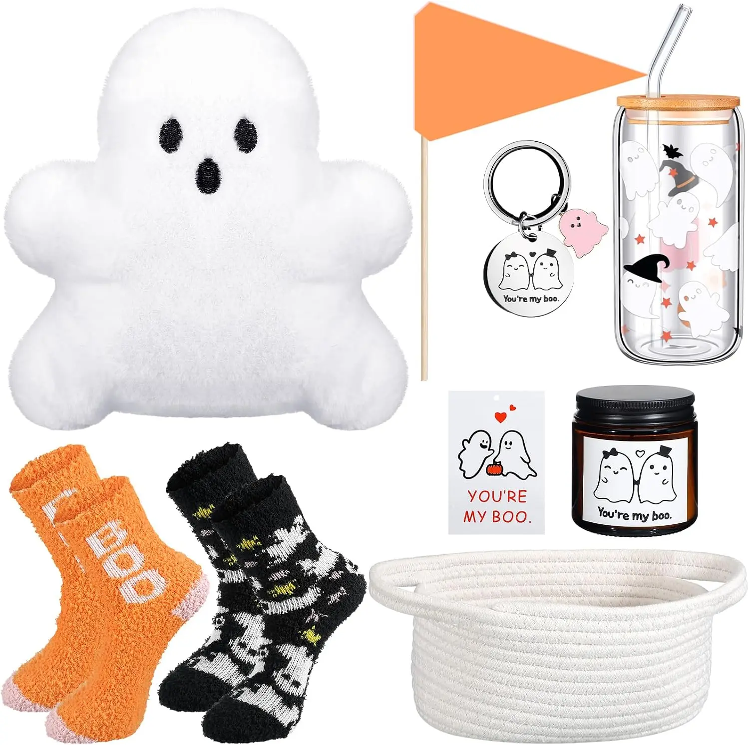 Halloween Fall Gift 9-Piece Boo Basket Stuffers for Women, Halloween Gift Set with Ghost Plush Toy, Spooky Glass Cup, Scented Candle & Cozy Socks, Gifts for Wife, Girlfriend & Friends