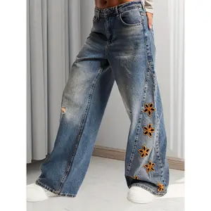 Women's Fashion Casual Denim Wide Leg PantsFashion Casual Denim Flower Embroidery Loose Mid Waist Belt Pocket Pants