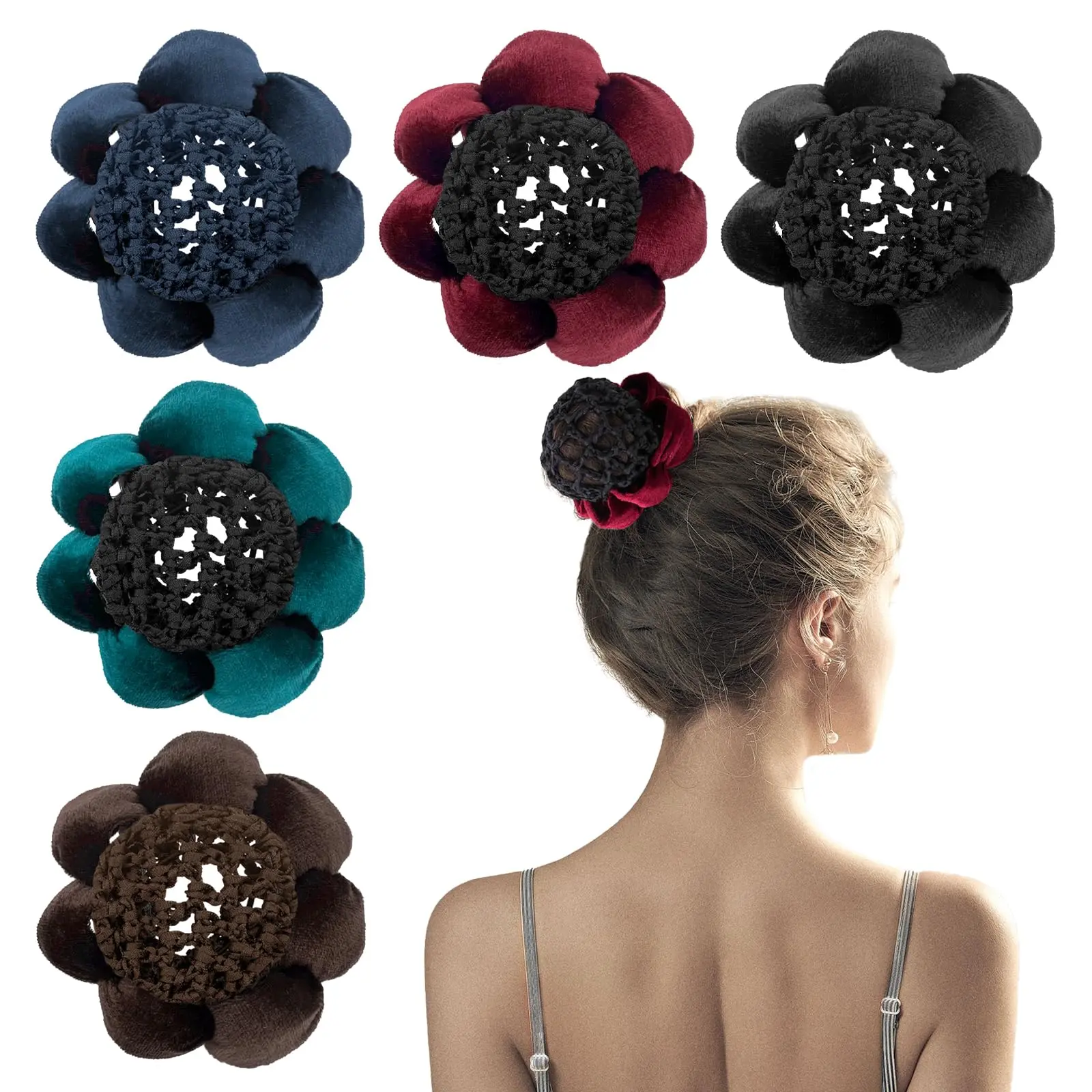 5 Pack Large Ballet Hair Bun Covers With Flower Ponytail Elastic Knit Mesh Snood Holders - Invisible Nets And Accessories For Dancer  Skater Clerk