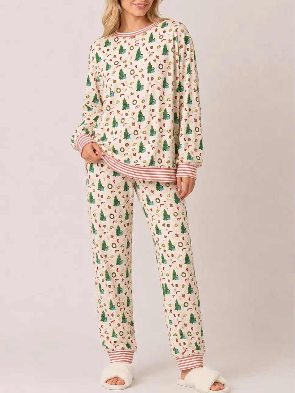 Women's Christmas Pajama Set Long Sleeve Top & Pants Soft Cozy Holiday Sleepwear Xmas Tree Gingerbread Print Matching Christmas PJs Winter Loungewear Homewear