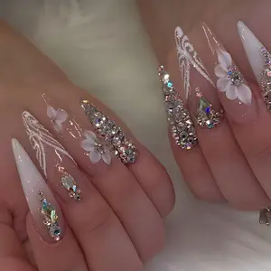 French Nail Art 3D Aurora Floral Embellished Rhinestone Flower Long Wear False Nails, Sparkling Star Drill Fake Nails for Girls, Party Use, Nail Art Design, Includes Jelly Glue & File Set