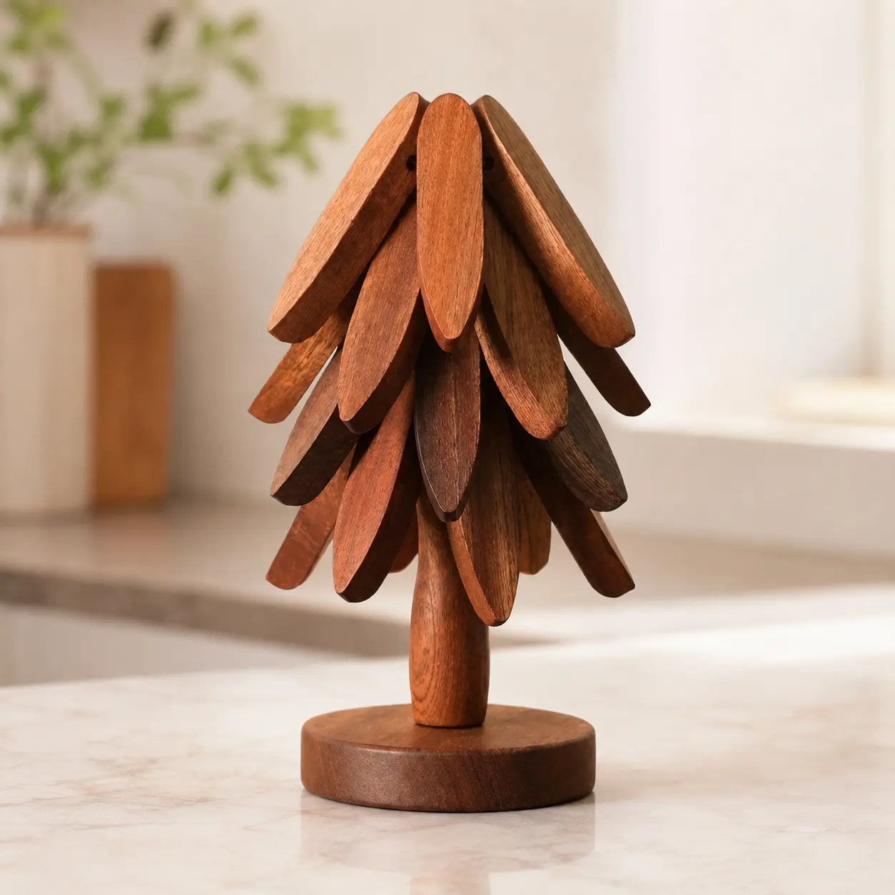 Wooden Cup Coaster Set，Tree Shape Trivet Set,Tree Coasters- 4 Wooden Trivets + 1 Stand stored for hot Dish/Pot/Bowl/teapot/hot Pot Set (Brown) treat goody party