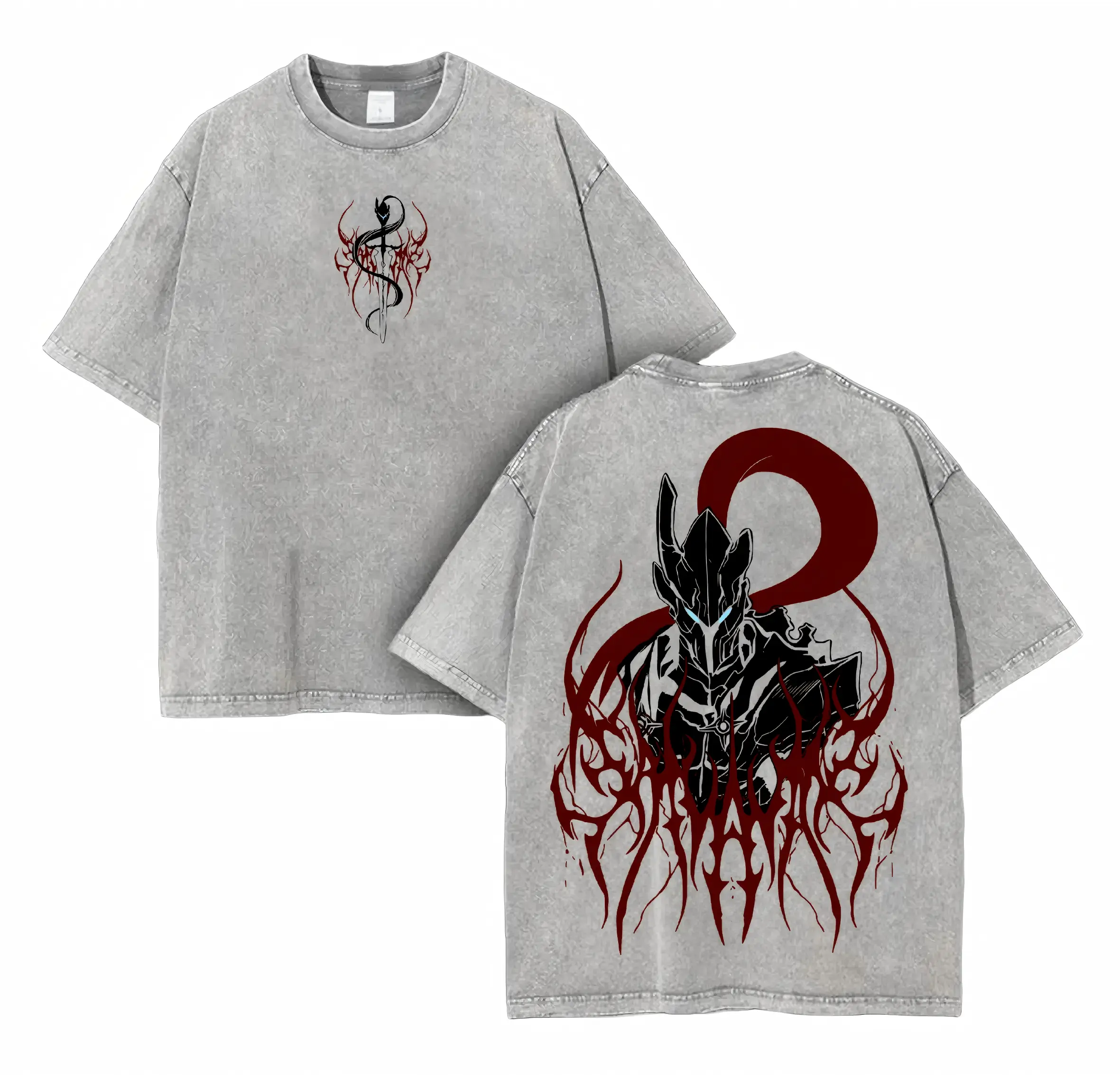 Men's Solo Leveling Igris Graphic Print T-Shirt, Oversized Retro Streetwear Top in Acid Washed Soft Cotton, Double-Sided Fan Gift, Baggy, Round