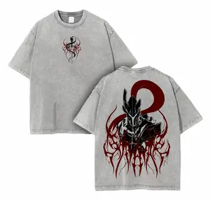 Menswear Igris Bloodred x Solo Leveling Casual Round Neck Shortsleeve Streetwear Tee, Double-Sided Printed Oversized Acid Washed Soft Cotton Graphic Manga T-Shirt, Gift for Solo Leveling Fans